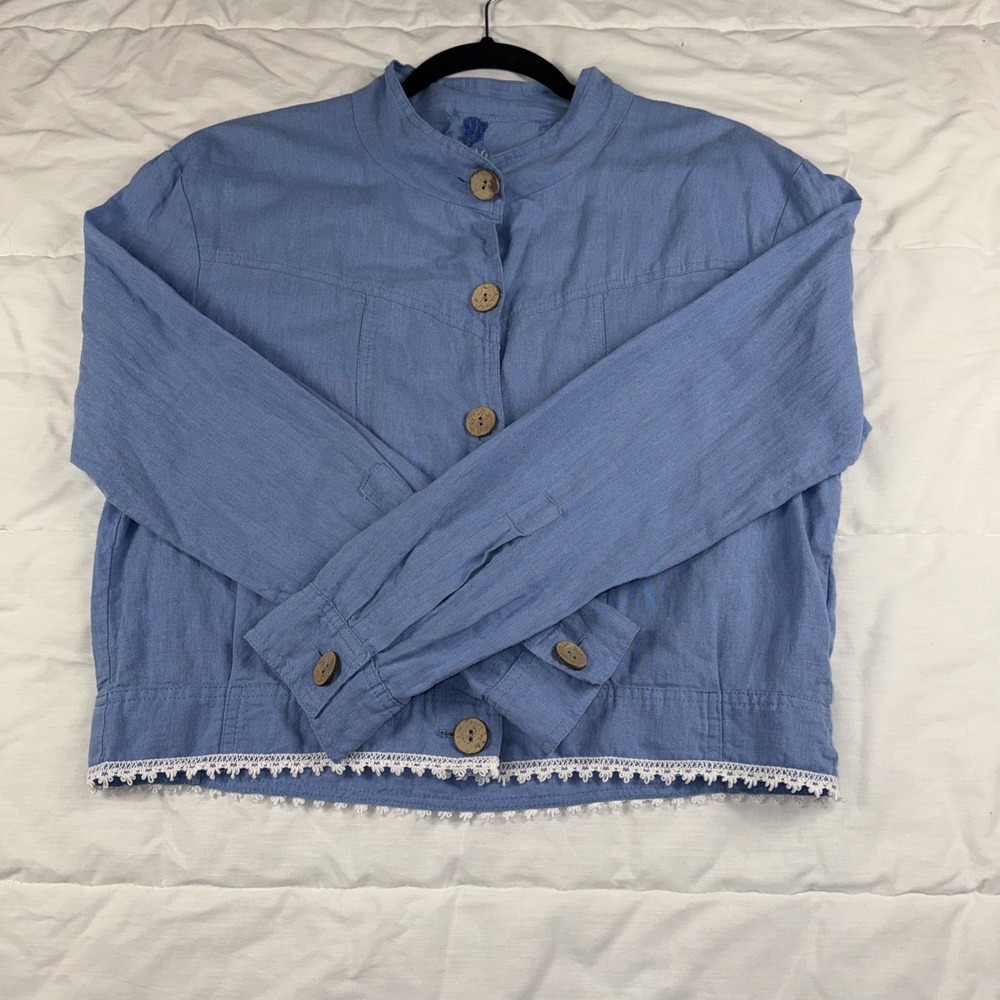 Linen Yuvita Button Down Long Sleeve Crop Lace Trim Blouse Woman's M Breathable